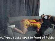 Waitress sucks cock in front of cuck Husband