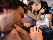 Greasy Rose & Mya Pleasure Cuck the Bartender - foot cuck, foot worship, foot domination, tease and denial, humiliation, toe sucking, wrinkled soles, lesbians kissing, foursome, Bambi